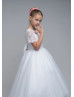 Beaded Short Sleeves White Lace Glitter Tulle Flower Girl Dress